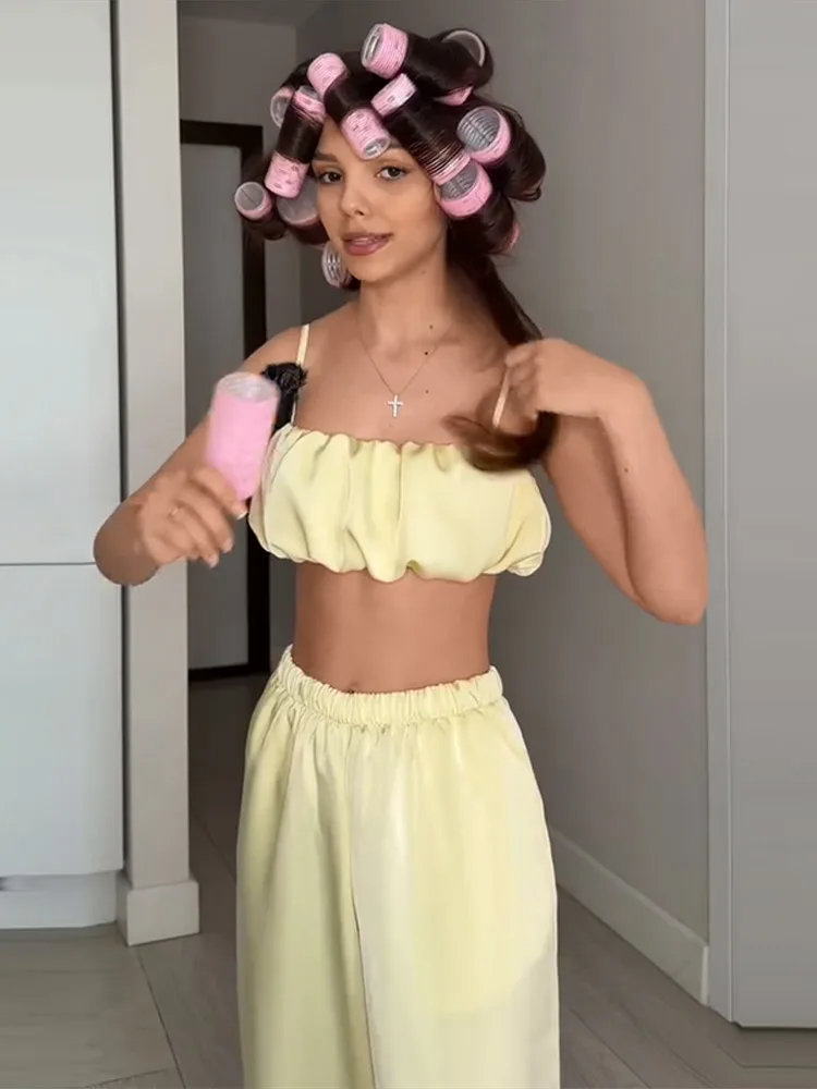 Plissierte kurze Tube-Tops, Hosenanzüge für Damen, sexy Spaghettiträger, ärmelloses, kurzes Top, elastische Taille, Schnürhose, neue Outfits – Detail 16