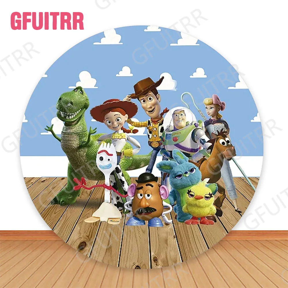Toy Story รอบฉากหลังเด็กวันเกิดตกแต่ง Baby Shower วงกลมและกระบอก Photo Props