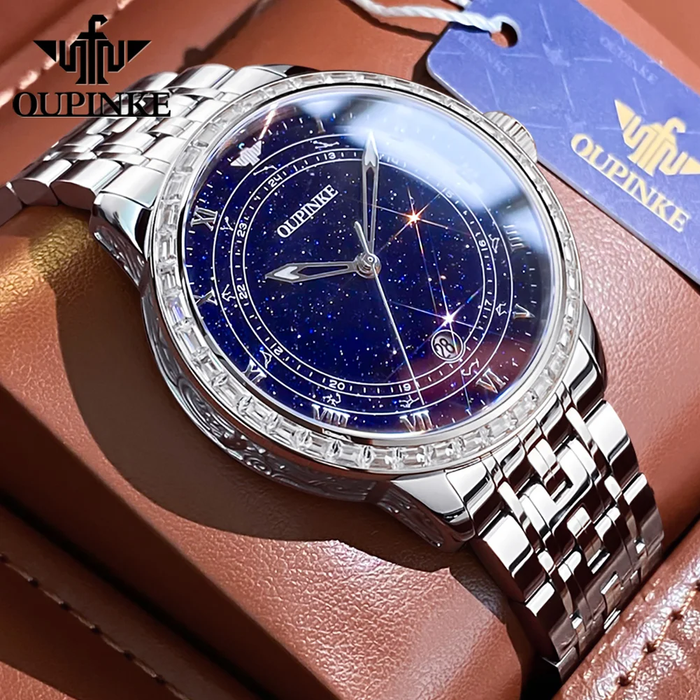 OUPINKE High end Watch Brand Original Men's mechanical Watch Waterproof Set With Diamonds Calendar Male Wristwatch Luminous