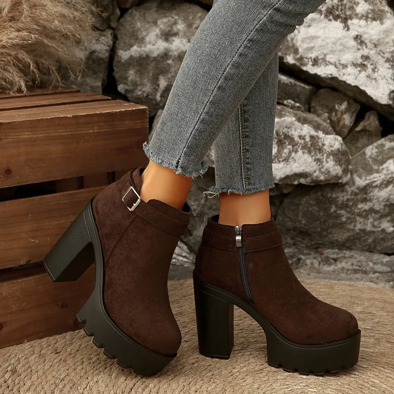 

Hot SellingTemperament Platform Booties Fashion Round Toe Suede Metal Buckle Zipper Non-Slip Plus Size Pumps