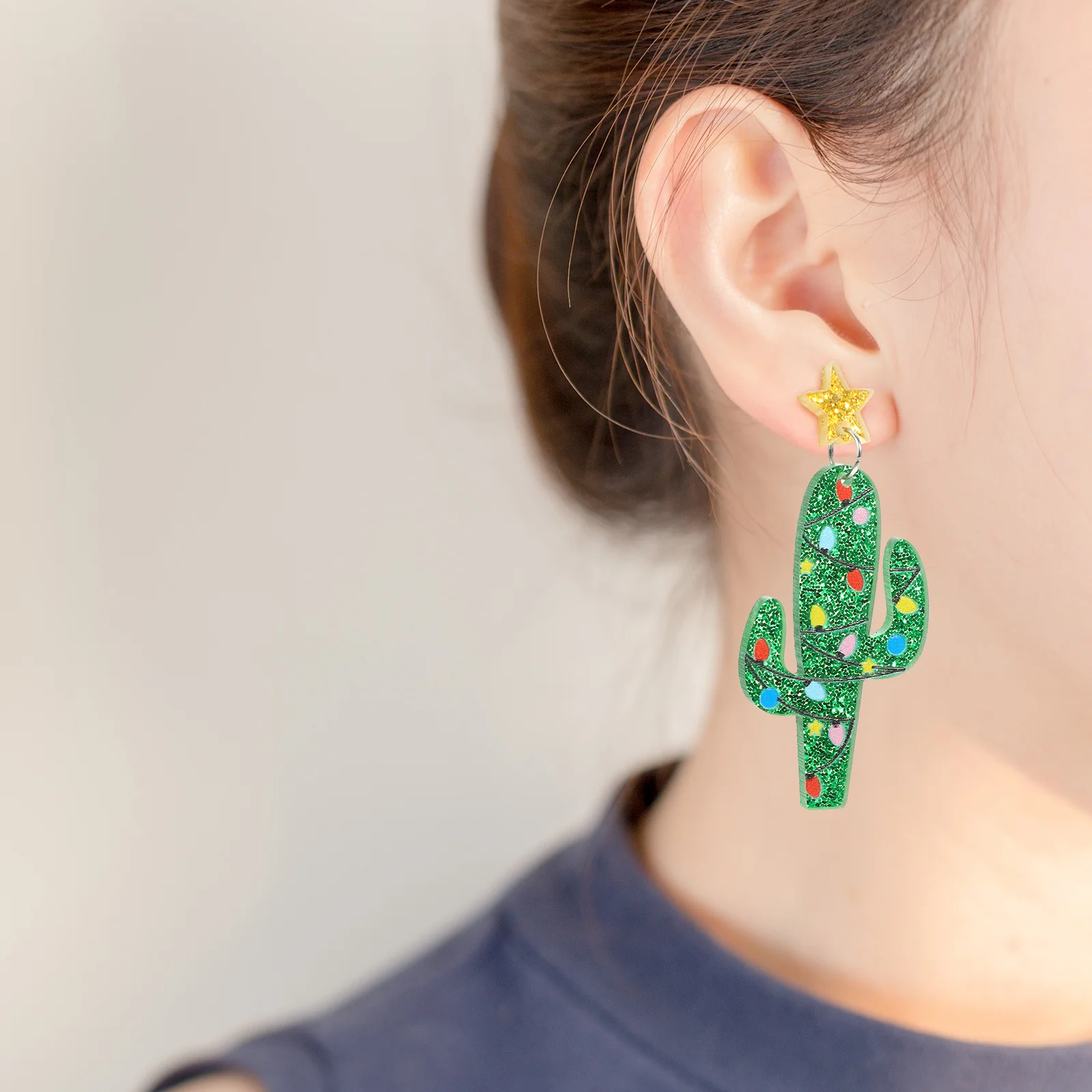 

1Pair Ear Studs Christmas Earrings Cactus Shape Durable Acrylic Earrings for Women Tiny Festive Jewelry Holiday Party