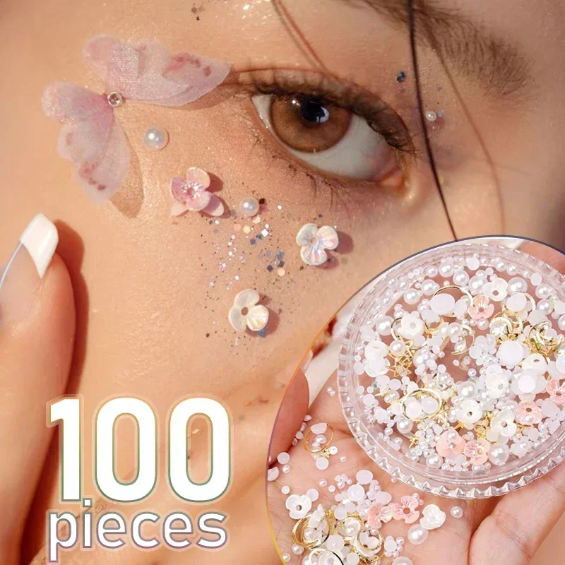 Parche decorativo de maquillaje facial con flor de mariposa, adhesivo de perlas de diamante, lentejuelas brillantes, decoración artística de uñas DIY