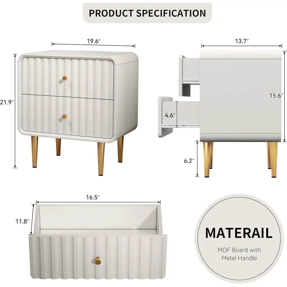 2-Piece White Nightstand Set with Drawer Storage and Gold Metal Handles