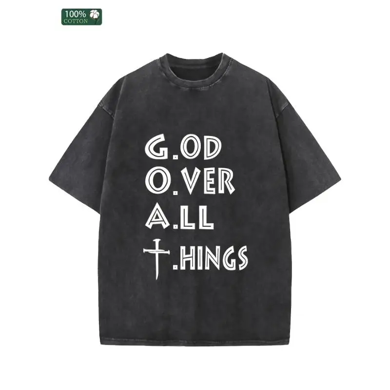 

Christian T-Shirt Unisex Washed Retro "GOD OVER ALL THINGS" Graphic Tee Religious Faith Top Gift