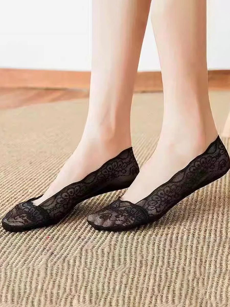 5 Pairs Socks Women\'s Summer Slippers Socks Invisible Boat Mesh Lace Thin Short Fashion Silicone  Non-slip Cool Sexy Breathable