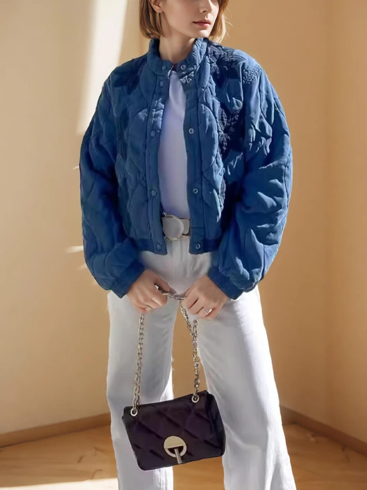 Trend Spring Autumn Jackets Embroidery Cotton Coat Stand-up Collar Single-breasted Long Sleeves Short Tops Lightweight Outerwear