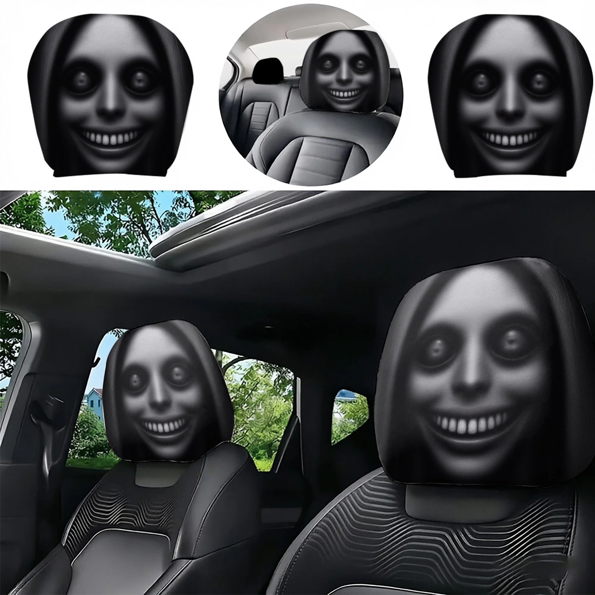 2pcs car headrest covers featuring spooky ghost face designs, adding a touch of eerie atmosphere to your car’s interior. Does no
