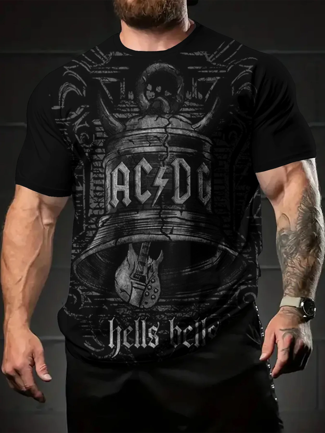 Herren-T-Shirt mit Rundhalsausschnitt und kurzen Ärmeln, Vintage-Grafikdruck mit Glocke und E-Gitarre – Detail 5