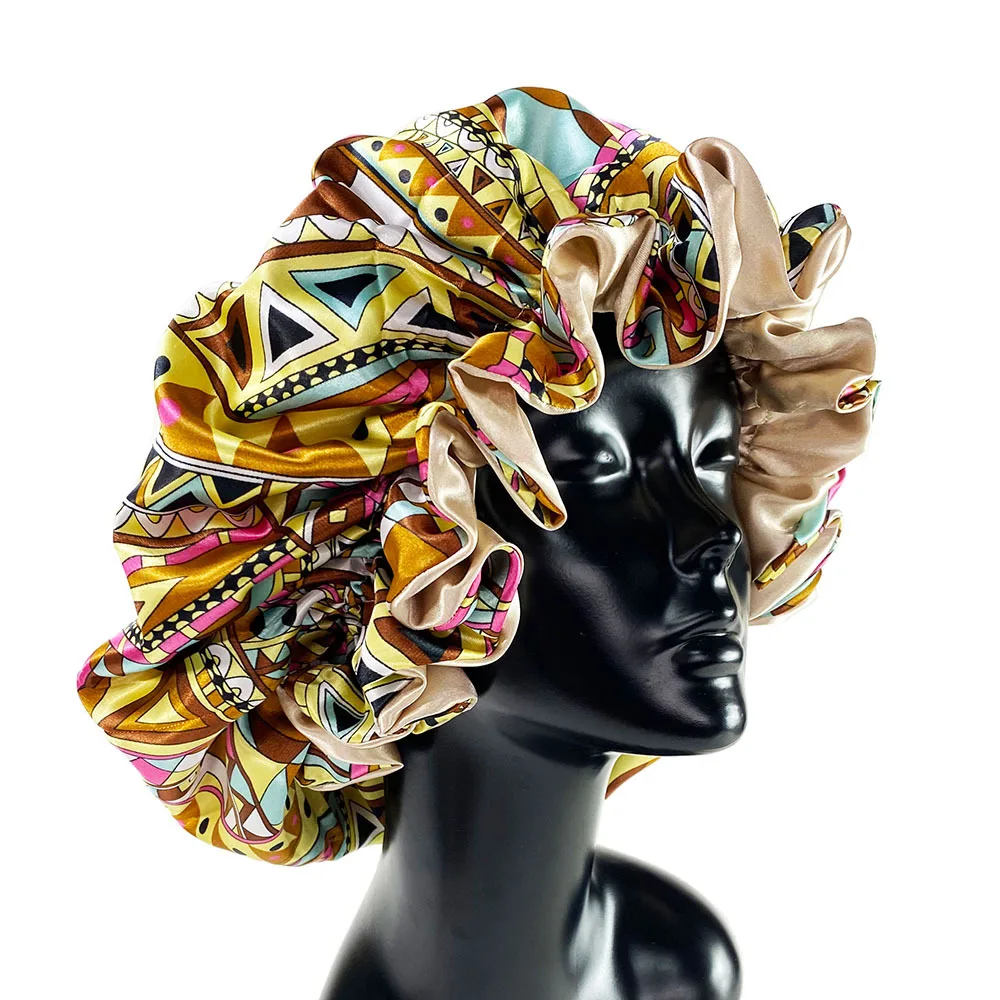 Printed Double Layer Reversible Satin Bonnet for Women, Adjustable Head Wrap for Hair Care Bath Spa