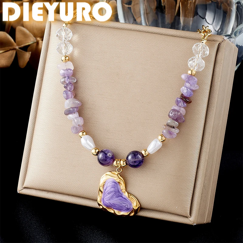 DIEYURO 316L Stainless Steel Golden Gradient Enamel Six-Petal Flower Pendant Necklace Women Floral Statement Neck Chain Jewelry