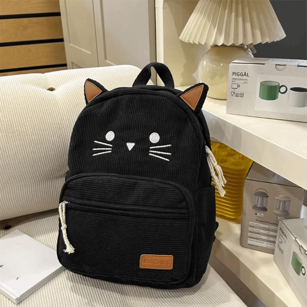 Y2k Sweet Cartoon Cat Backpack Multicolored Minimalist Corduroy Rucksack Multiple Pockets Durable Student School Bag Gift