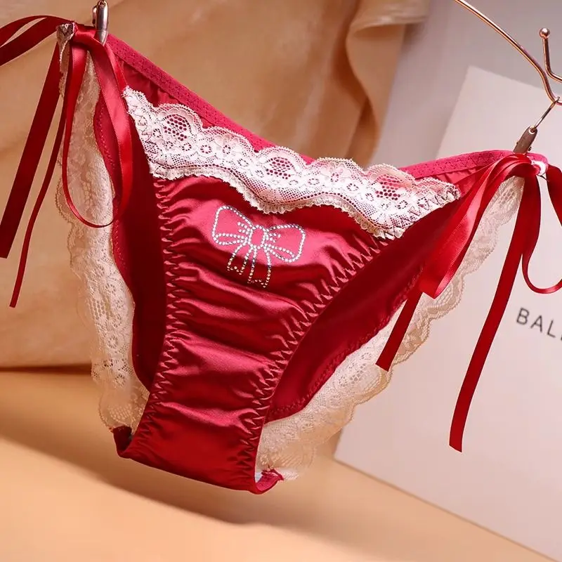 Lace-up Diamonds Cotton Crotch Women Panties Luxury Ice Silk Underwear Sexy Lace Panties Rhinestone Bow Lingerie Thong New