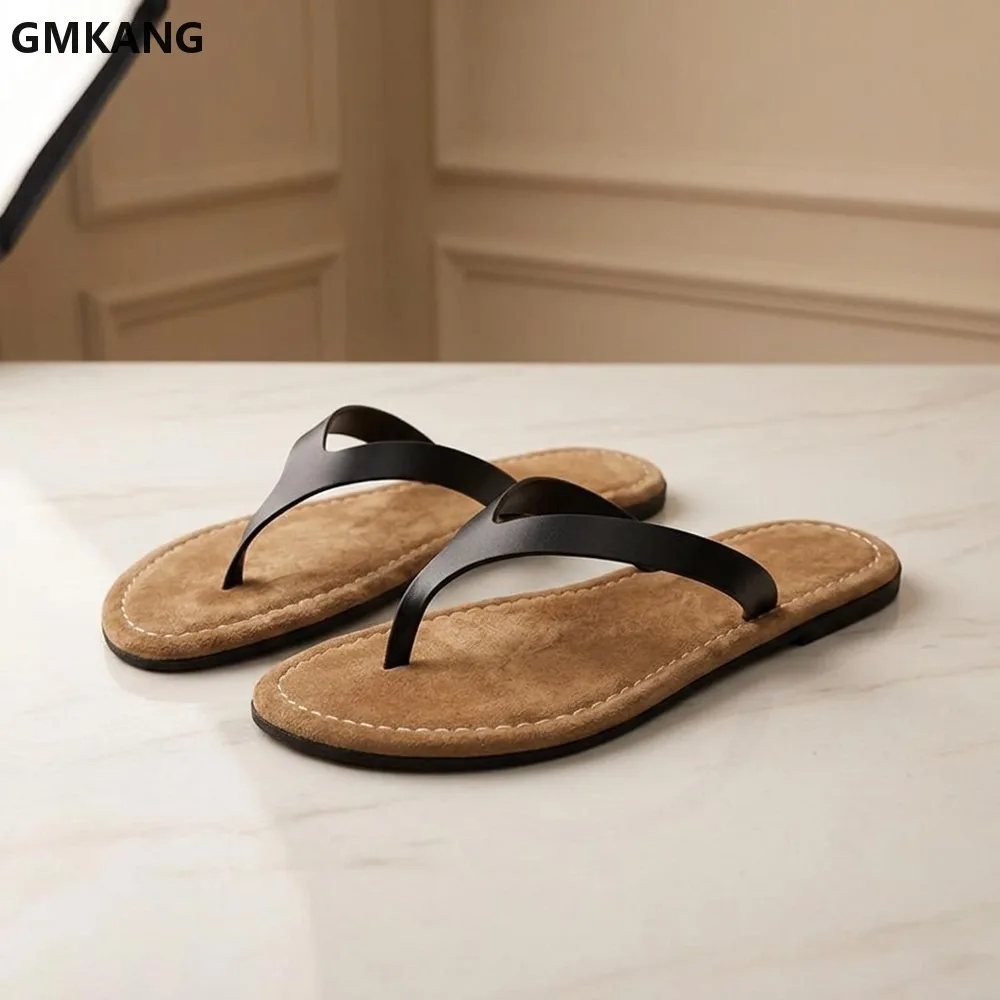 Women Genuine Leather Flip Flops Flat Heel Peep Toe Summer Beach Sandals Casual Holiday Outdoor Comfort Slip On Slides