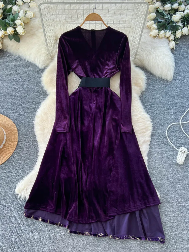 Ele Velvet Dr V-Ne Sparkling Patchwork Asymmetrical Belt High Waist A-Line Skirt Long Sve Ci Commute Suitable