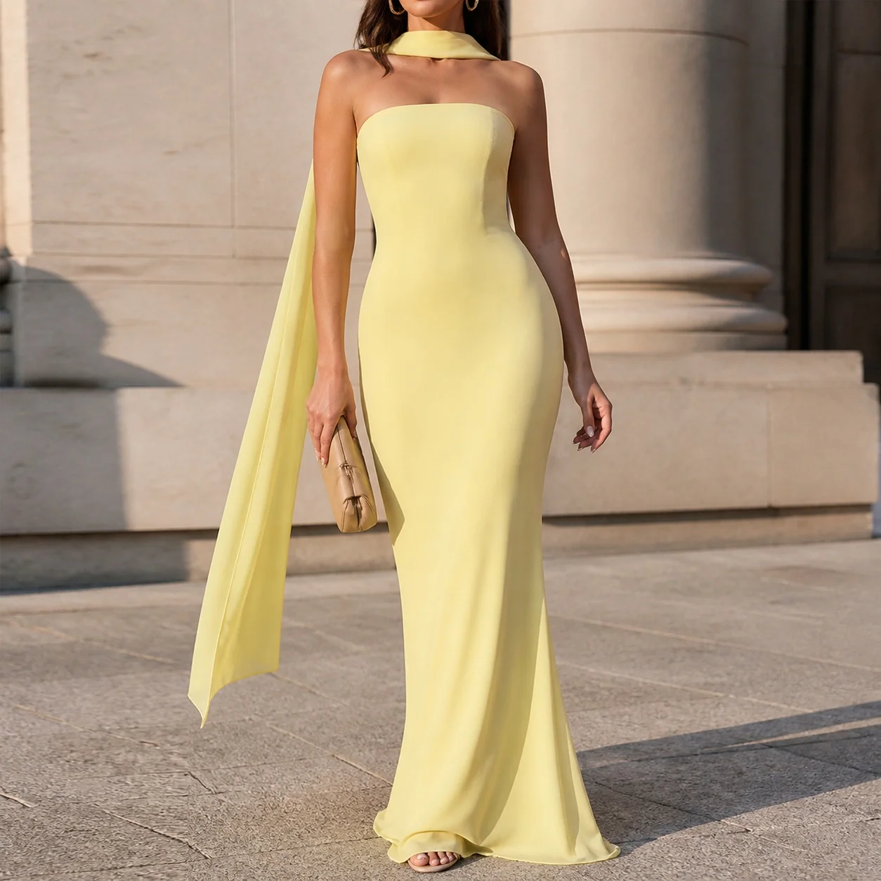 Elegant Sleeveless Off Shoulder High Waist Maxi Dress for Wedding Guest Party Prom Solid Color Stretch Polyester Formal Party