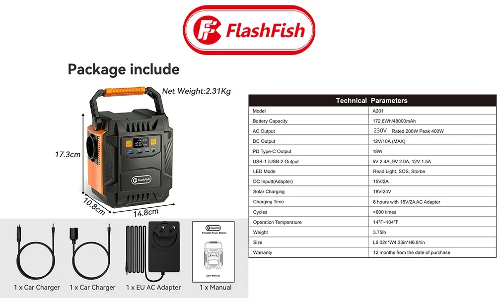 FF Flashfish Tragbares Kraftwerk, 200 W, Solargenerator, 172,8 Wh Akku, AC-Steckdosen mit 60 W Solarpanel für Outdoor-Camping, Wohnmobil – Detail 1