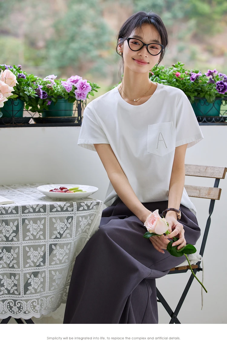 VIMLY Women Summer Black Top Ladies Short Sleeve Basic T Shirt Simple Pocket Design Letter Cotton Knit Tops for Woman   A1077