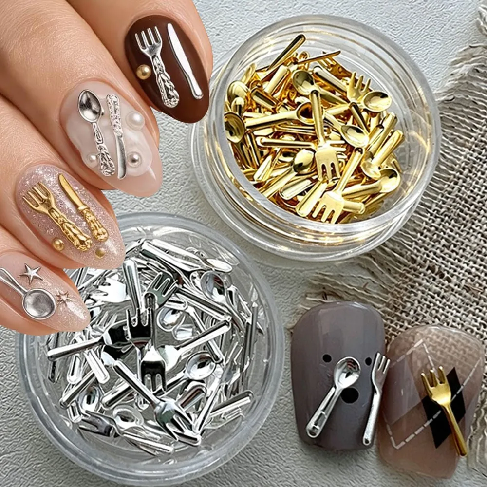 50pcs/box 3D Gold Silver Tableware Spoon Fork Nail Charms Ultra Thin Metal Kitchenware Nail Studs Flatback Alloy Nail Decora D#7