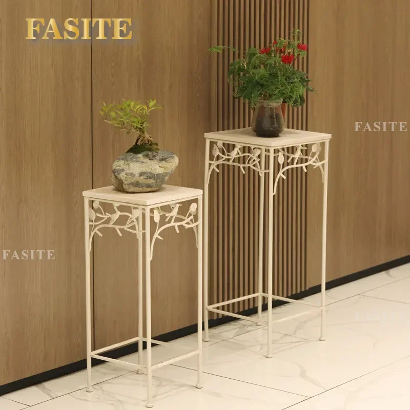For Garden Balcony Wrought Iron Outdoor Stair Railing Solid Wood Flower Stand Round Stool Floor Square Courtyard Style Decor