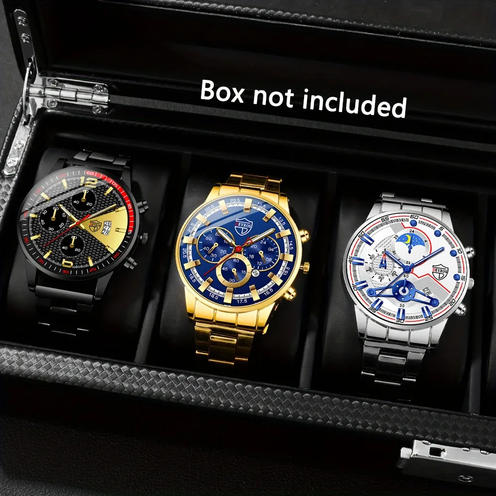 

3-х предметный мужской модный комплект часов с круглым циферблатом, кварцевый механизм, повседневный спортивный стиль, корпус из цинкового сплава, функция даты, идеальный подарок для мужчин