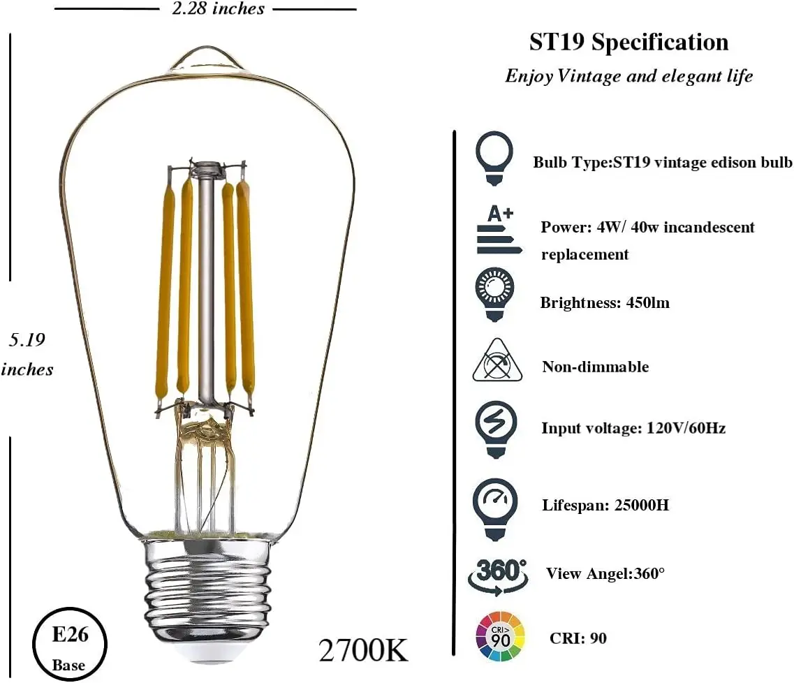 12 Pack LED Edison Bulbs 40w Equivalent, 4 Watt LED Filament Bulb, 2700K Soft White ST19 Light Bulb, 450lm E26 Vintage LED Bulbs