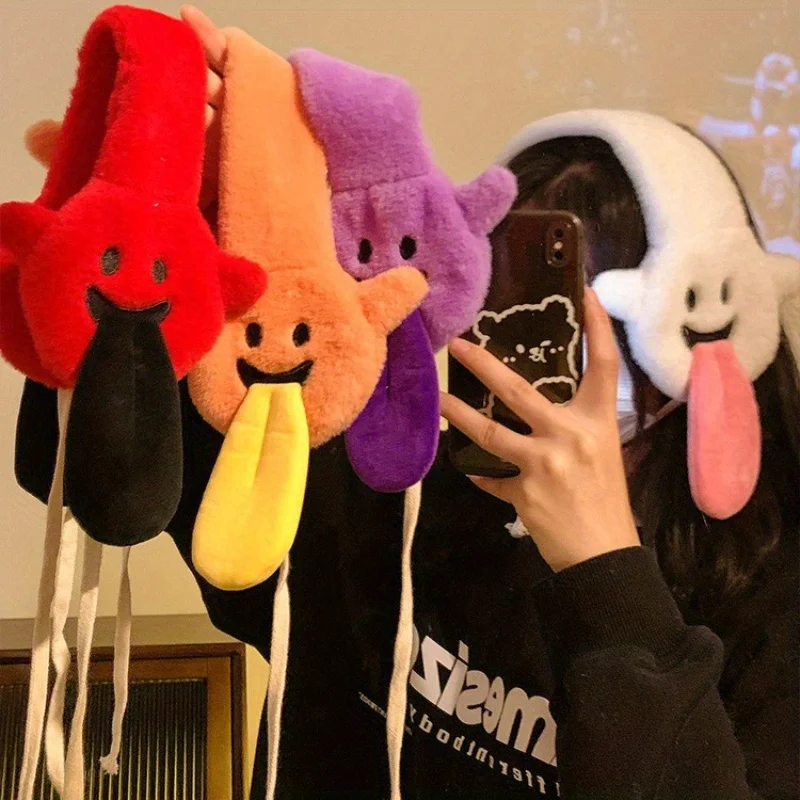 Creative Cartoon Funny Tongue-Out Plush Ear Muffs for Women, Autumn Winter Warmth Ear Protectors for Cycling