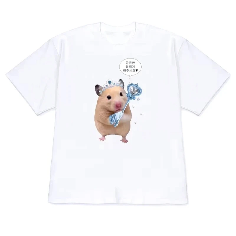 Women's Korean Drama T-Shirt Q. Did You Feel It Too Cute Hamster Graphic Casual Vintage Short Sleeve Top for Summer Y2k Clothing