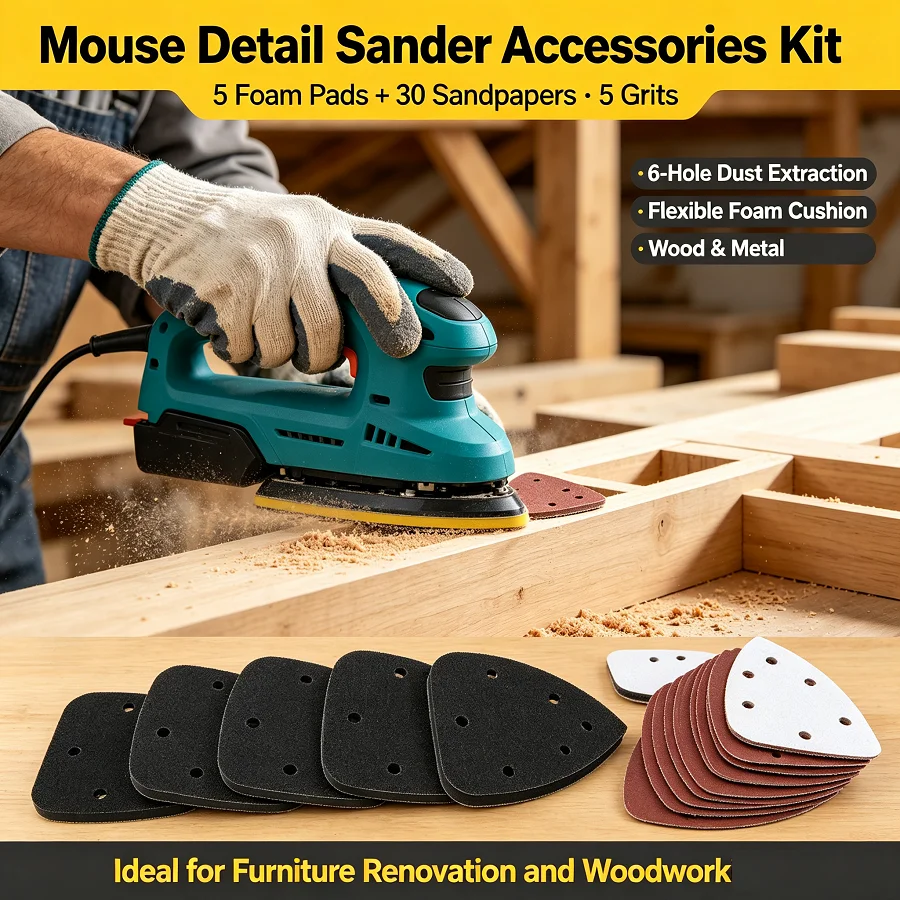 35pcs/set 6-Hole Foam Sanding Interface Pads Mouse Detail Sandpaper 40/80/120/180/240 Grit for CFS1503K CFS1503 fit Wood Metal