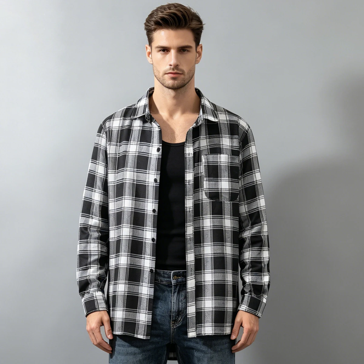 Spring and Autumn Men's Checkered Long Sleeve Top Button T-shirt Shirt Fashion Classic Shirt Youth Casual Comfortable Fashion view 4