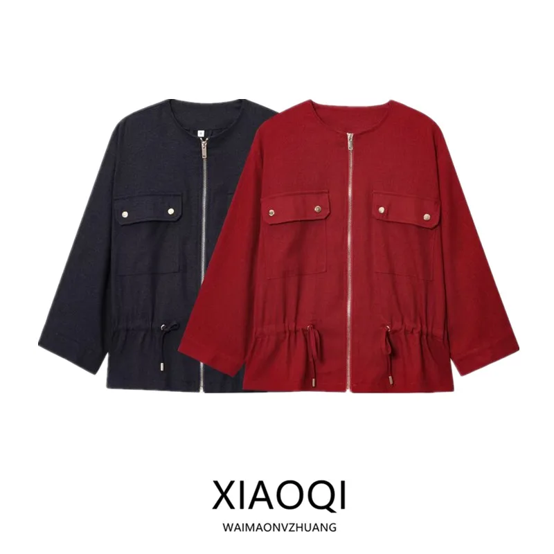 

Fashionable round Neck Mixed Linen Jacket New Summer 2025 Women's Wear Commute Style Loose Fit Long Sleeve Zipper Closure