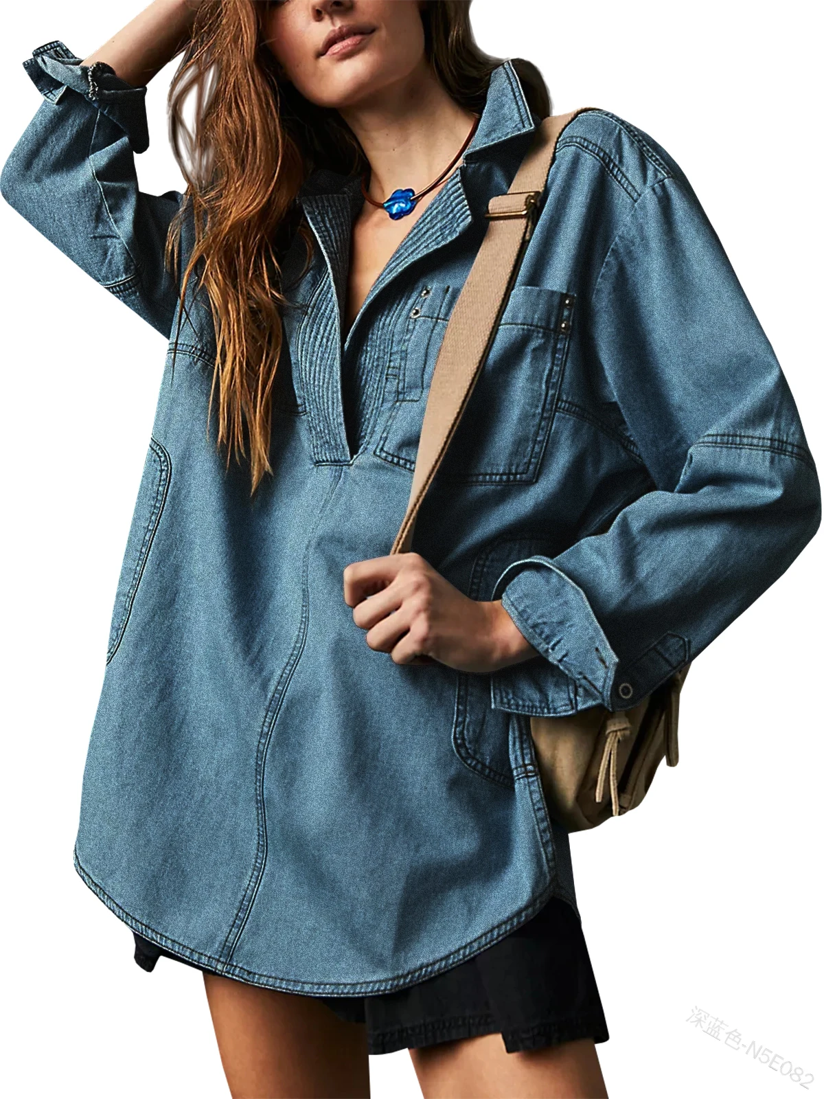 Fashion Women\'s Denim Shirt Casual Button V Neck Blouse Loose Fitting Long Sleeves Woman Jean Blouses And Shirts Top With Pocket