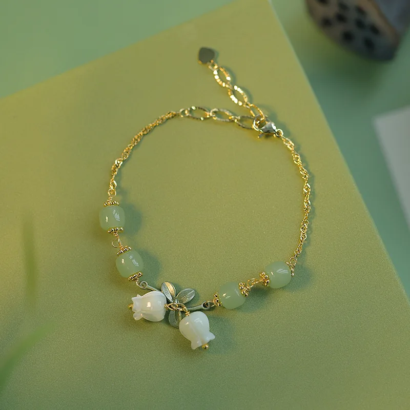 White lily of the valley natural Hotan Jade bracelet retro gentle style round beads green bracelets for women wedding jewelry