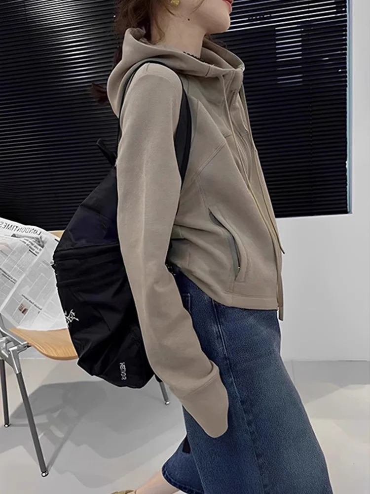 Primavera outono 2025 nova faion casual com capuz frente zip design arco redondo costurado moletom cardigan ort casaco feminino wear