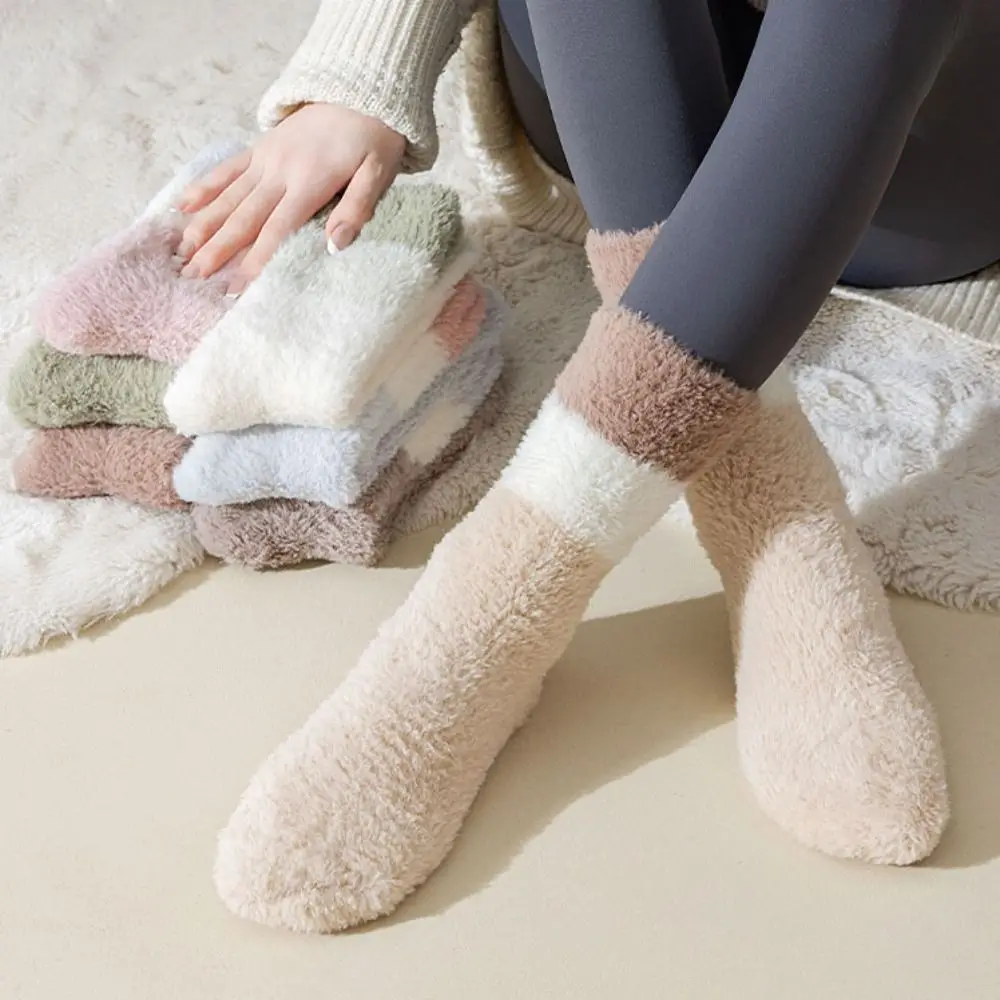 

Thicken Warm Coral Fleece Socks Sleeping Winter Floor Socks Stripe Patchwork Hosiery Mid Tube Socks Women For Female Men