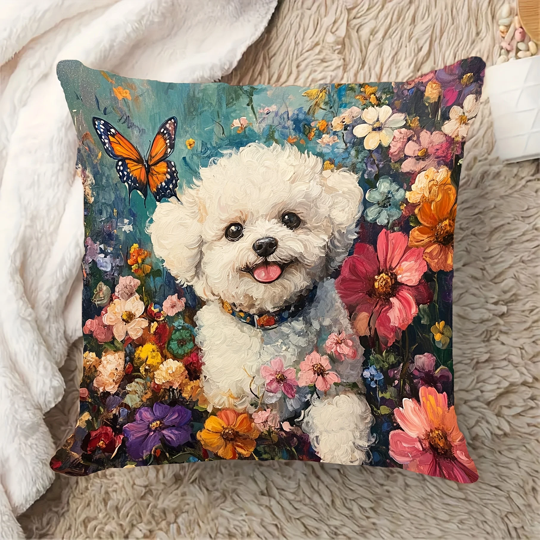 Cute Puppy Floral Bouquet Throw Pillow Cushion for Sofa Home Decor Pet Lover Gift