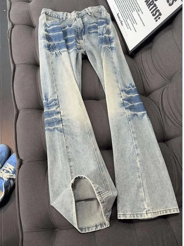 

Blue Waed Lightning Pattern Diagonal Cut Straight Leg Jeans Men's American High Street Vibe Pants Micro Flared Trousers