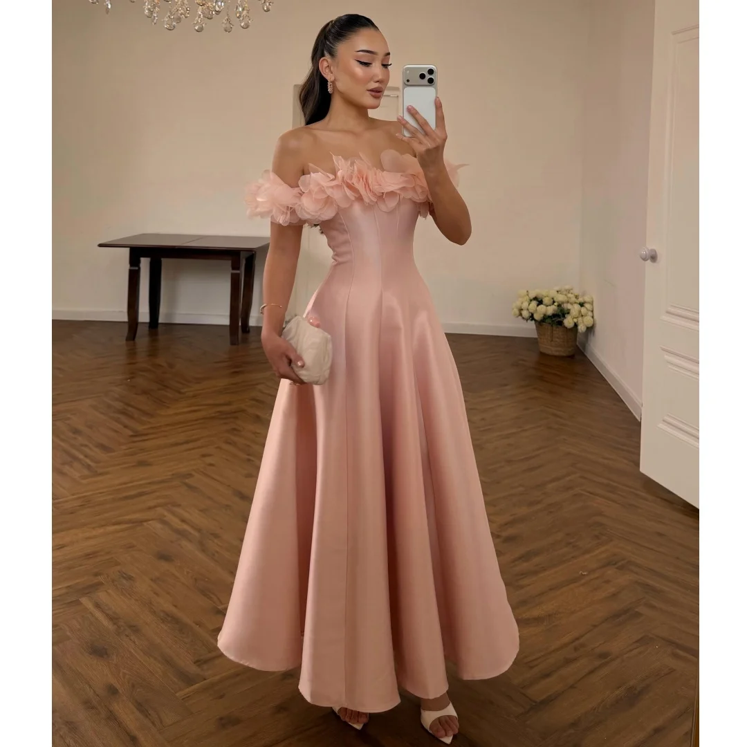 Pink Off the Shoulder Evening Dresses Floral Appliques Satin Party Dress Ankle Length Modest Prom Gown Customized