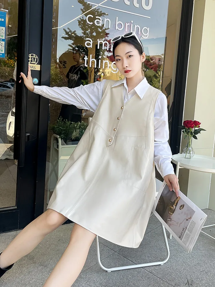 Women White V Neck Genuine Leather Dress Sleeveless Tank Sundress Loose Fit Buttons Casual Spring Real Sheepskin Mid Dresses