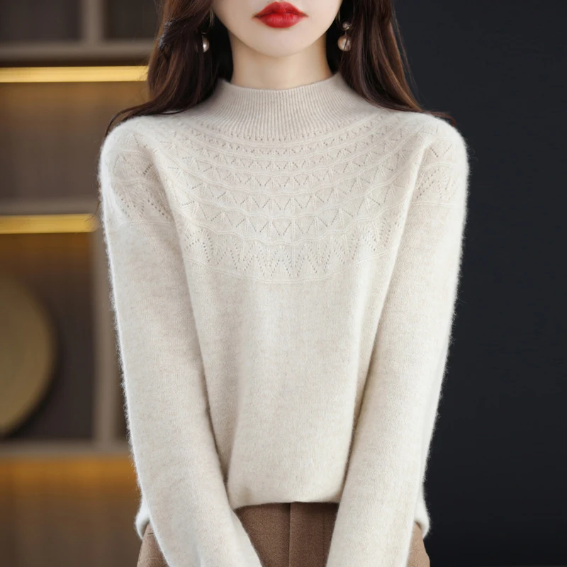 100% Wool Sweater Women Half High Collar Hollow Out Long Sleeve Top Autumn Winter Fashion Knit Female Warm Loose Pullover Jumper