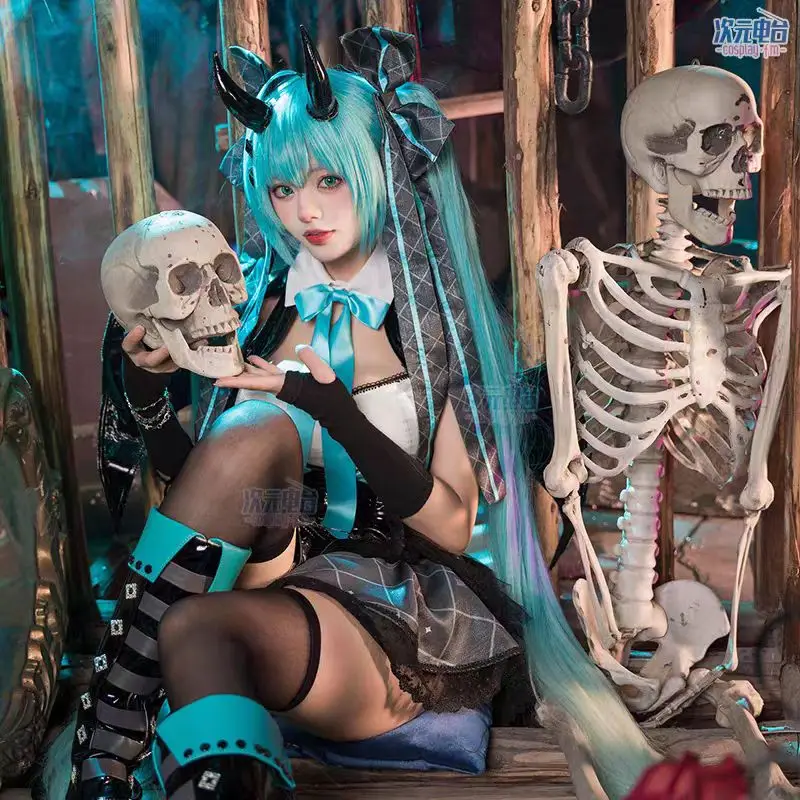 Women's Sexy Devil Miku Cosplay Costume Set with Uniform Dress Wigs Wings Tail And Horns for Halloween Party Anime Demon Outfit view 5