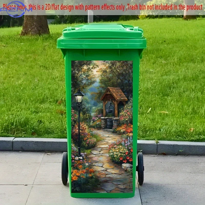 2D Flat Printing 1pc Trash Can Sticker,  Vibrant Garden Wish Well Theme Design Self-Adhesive Wallpaper Decoration for Kitchen