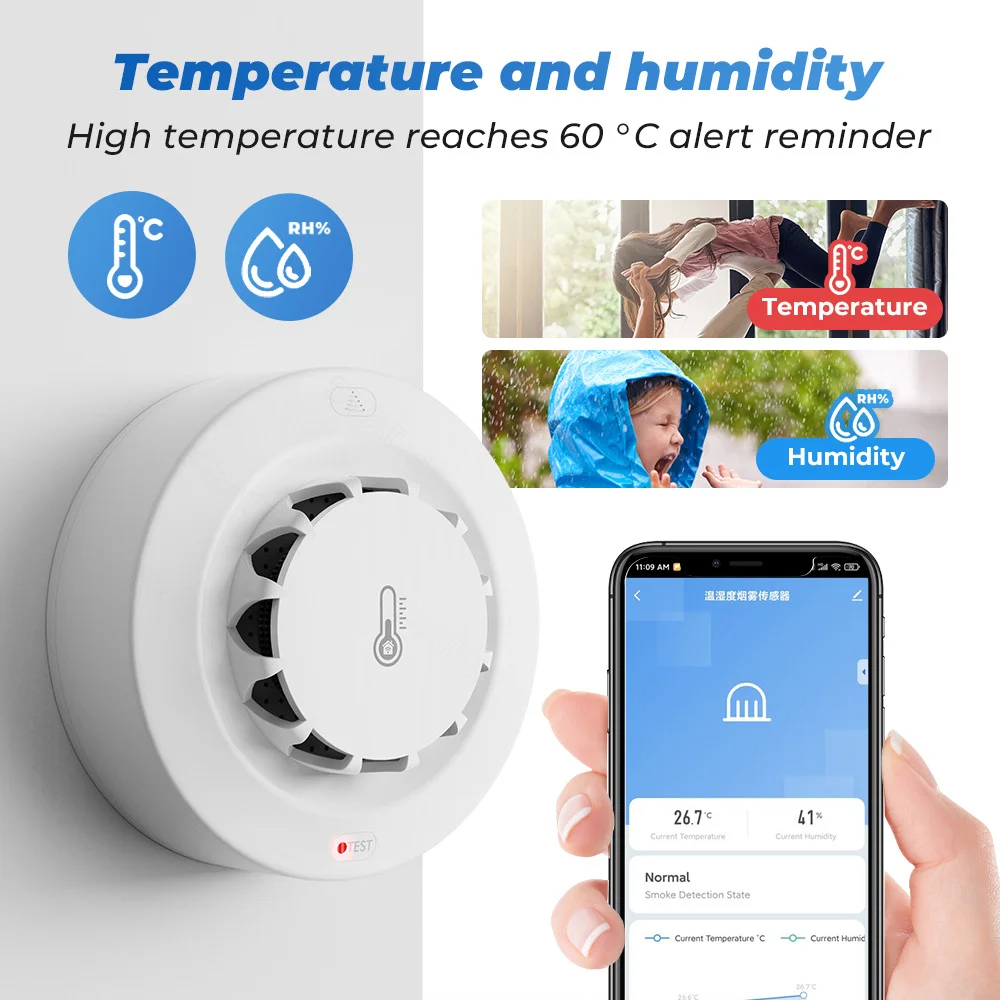 Tuya WiFi inteligente Zigbee 2 en 1 Detector de humo WiFi con Sensor de temperatura y humedad aplicación alarma de empuje compatible con Google Alexa