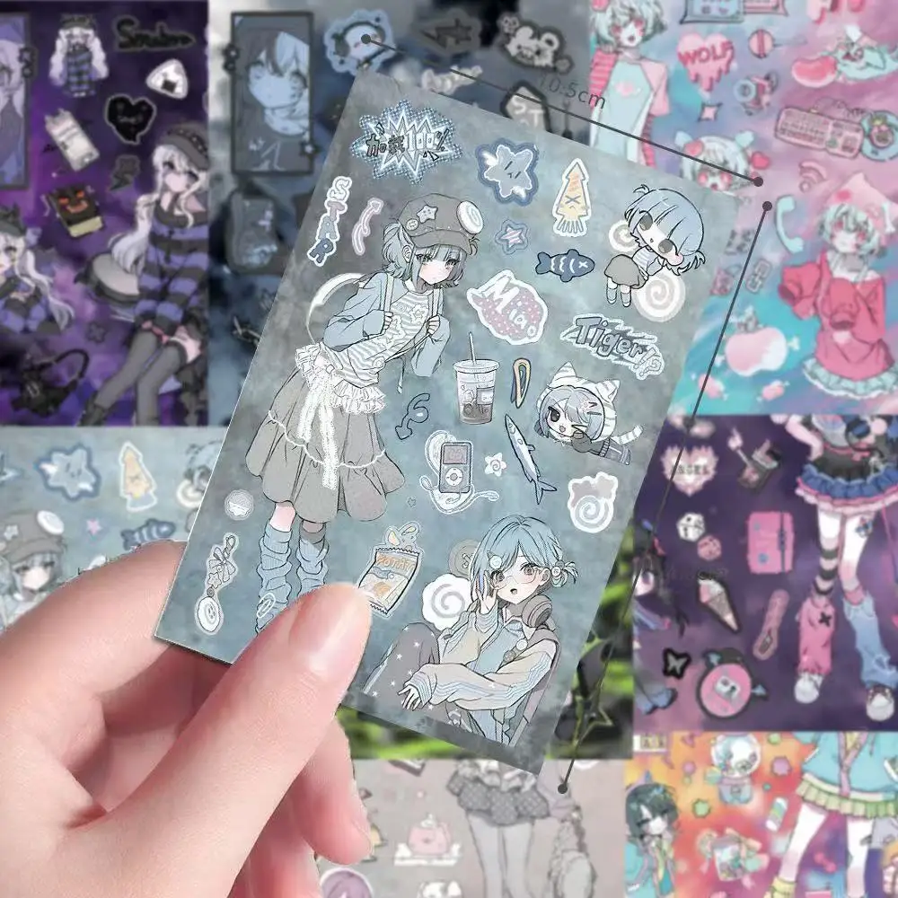 Korean 8 Pieces of Retro Asian Rock Girl Cute Fudge Color Contrast Anime DIY Manual Materials Waterproof Stickers JK Girl Gift