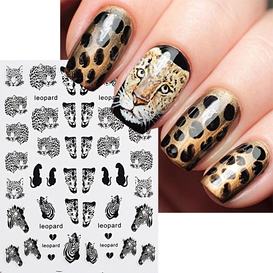 3D Nail Art Stickers Sexy Wild Animals Leopard Zebra Head Design Sliders Self-adhesive Decals For Manicure Decoration LEHB-Black