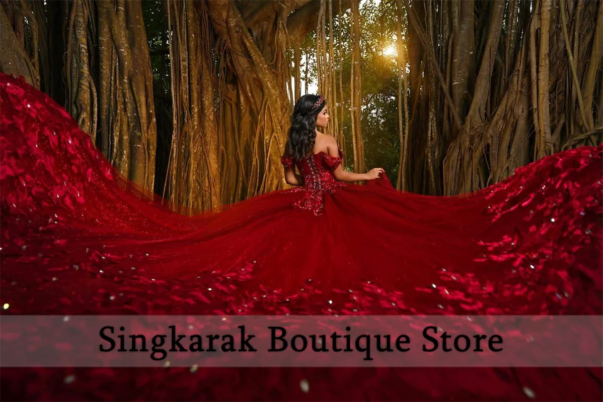 Luxury Red Princess Ball Gown Quinceañera Dresses 2026 Beads Flowers Appliques Crystal Birthday Party For 15th Girls Customized