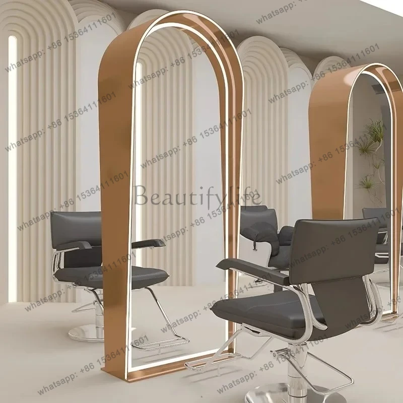 jj58 High-End Hair Salon Dressing Table Hair Cutting  with Lamp Double-Sided Floor Mirror Barber Shop Mirror for Hair Salon