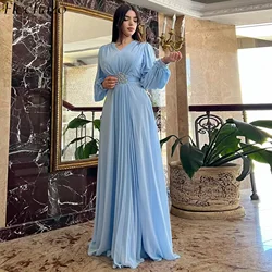 Flechazo Light Blue Chiffon Evening Dress V Neck A Line Pleat Floor-Length Birthday Party Gown Customized Women robe de soiree