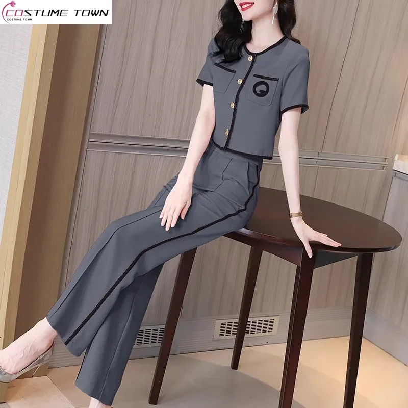 Summer new women's high-end casual suit short sleeved cardigan T-shirt+high waist wide leg pants two-piece set