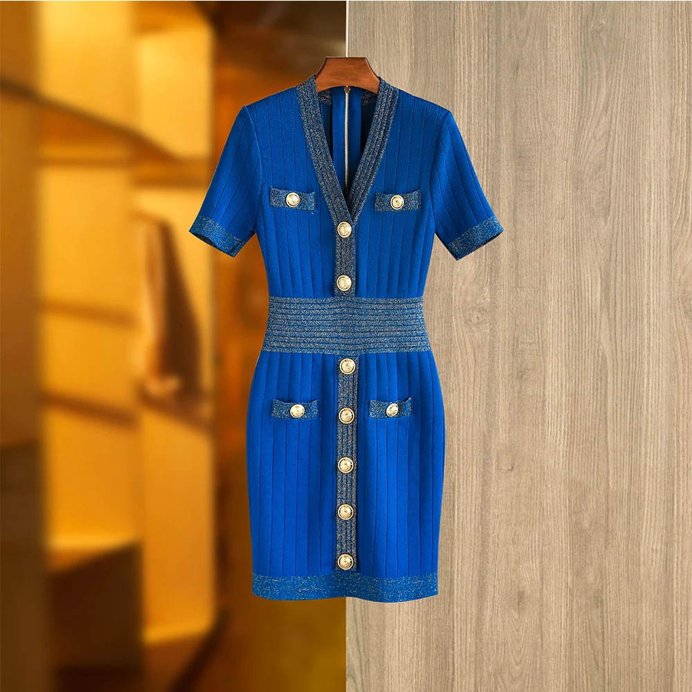 3 Colors Gorgeous Black/Blue/White Short Sleeve V-neck Gold Thread Bling Sheath Buttons Street Slim Knitted Women Mini Dress