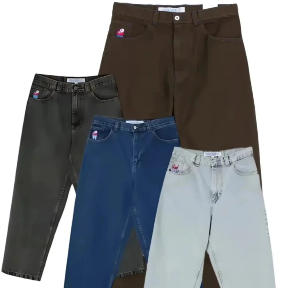 Hip hop retro azul dos desenhos animados bordados jeans para homens gótico baggy streetwear polar grande menino jeans moda masculina calças de perna larga